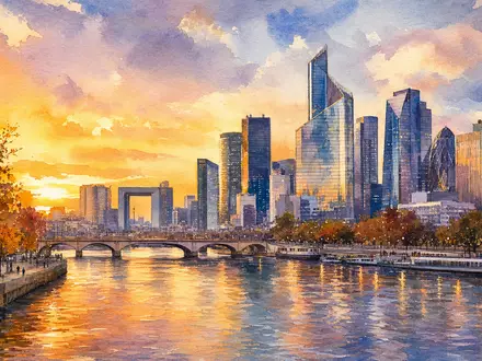 SCOR SE FR0010411983 Aquarell-Gemälde Pariser Skyline mit Seine und Wolkenkratzern im goldenen Abendlicht Panorama - Foto: THN
