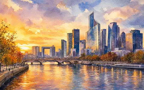 SCOR SE FR0010411983 Aquarell-Gemälde Pariser Skyline mit Seine und Wolkenkratzern im goldenen Abendlicht Panorama - Foto: THN