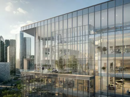 SCOR SE FR0010411983 Architektur-Render modernes Glas-Hochhaus mit Atrium und Skyline im Finanzviertel Paris - Foto: THN