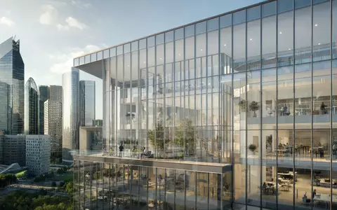 SCOR SE FR0010411983 Architektur-Render modernes Glas-Hochhaus mit Atrium und Skyline im Finanzviertel Paris - Foto: THN