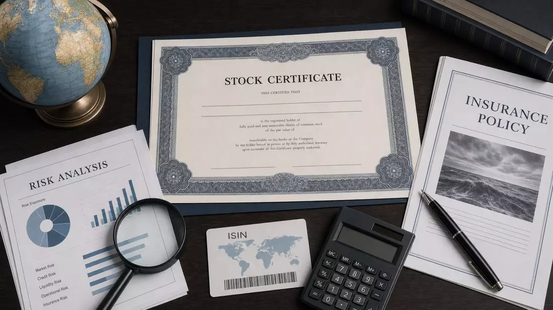 Flatlay Aktien-Zertifikat Weltkarte SCOR SE FR0010411983