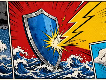 SCOR SE FR0010411983 Pop-Art-Comic stilisierter Schutzschild mit Blitz und Sturm Halbton-Rastermuster Primärfarben Lichtenstein-Stil - Foto: THN