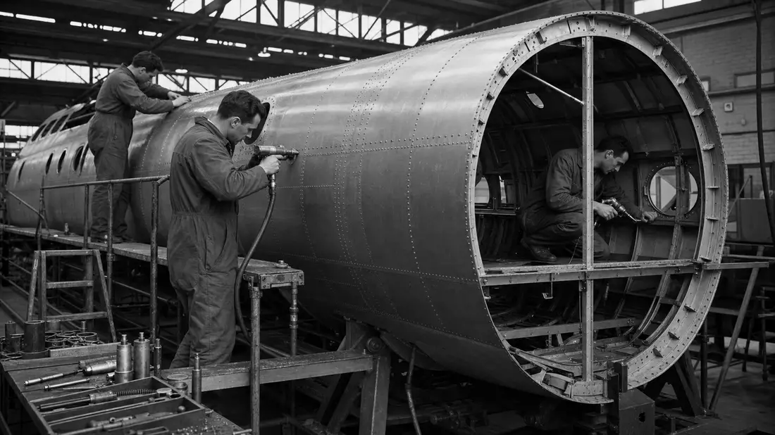 Schwarzweißfoto von Arbeitern beim Nieten einer zylindrischen Metallrumpfsektion