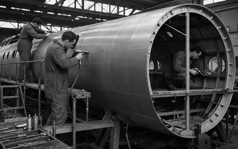 Dassault Aviation SA (FR0000121725): Schwarzweiß-Reportage dokumentiert Fabrikarbeiter beim präzisen Nieten einer metallischen Flugzeugrumpfsektion - Foto: THN