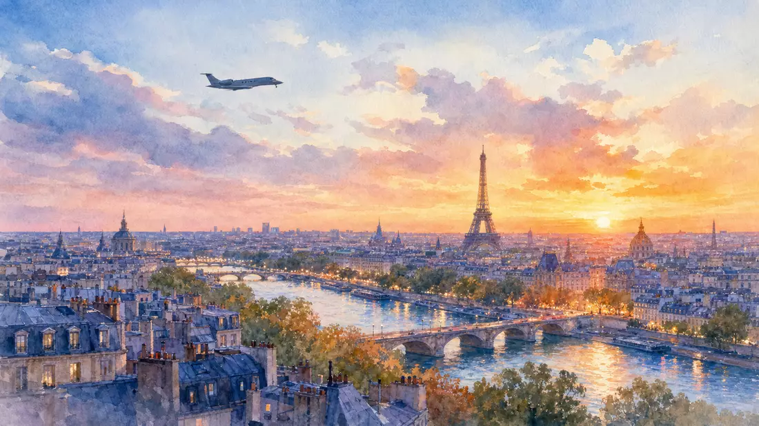 Aquarellmalerei der Pariser Skyline mit fliegendem unmarkiertem Business-Jet