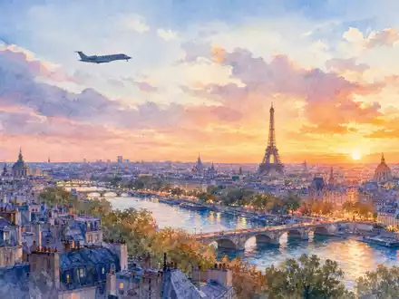 Dassault Aviation SA (FR0000121725): Aquarell zeigt Pariser Skyline mit unmarkiertem Business-Jet bei Sonnenuntergang - Foto: THN