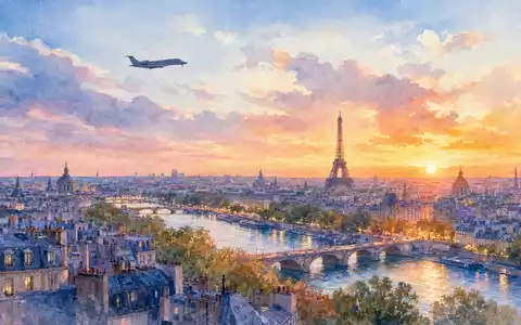 Dassault Aviation SA (FR0000121725): Aquarell zeigt Pariser Skyline mit unmarkiertem Business-Jet bei Sonnenuntergang - Foto: THN