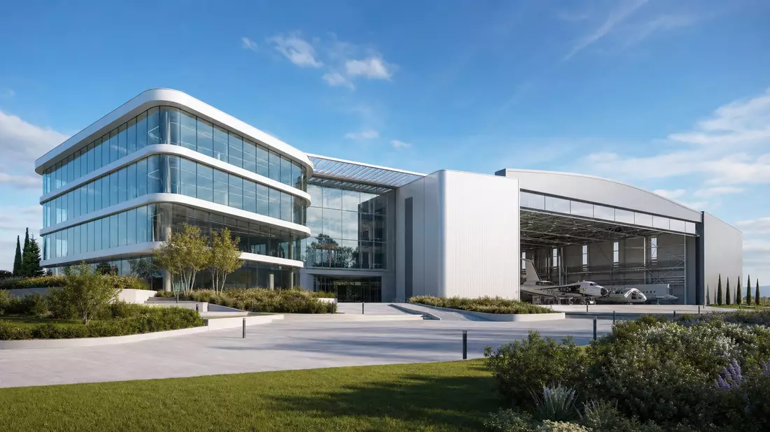 Architekturrender eines modernen Glasgebäudes neben einem Hangar mit Flugzeugen