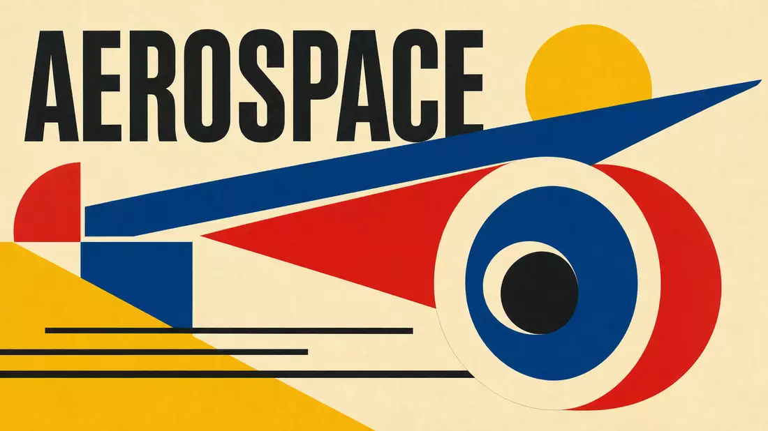 Geometrisches Bauhaus-Poster mit abstrakten Flugzeugformen und Schriftzug AEROSPACE
