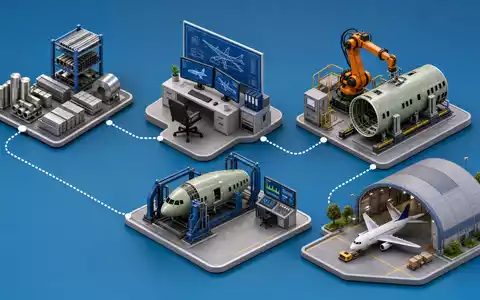Dassault Aviation SA (FR0000121725): Isometrische 3D-Grafik illustriert schematisch die gesamte Wertschöpfungskette der Flugzeugfertigung - Foto: THN