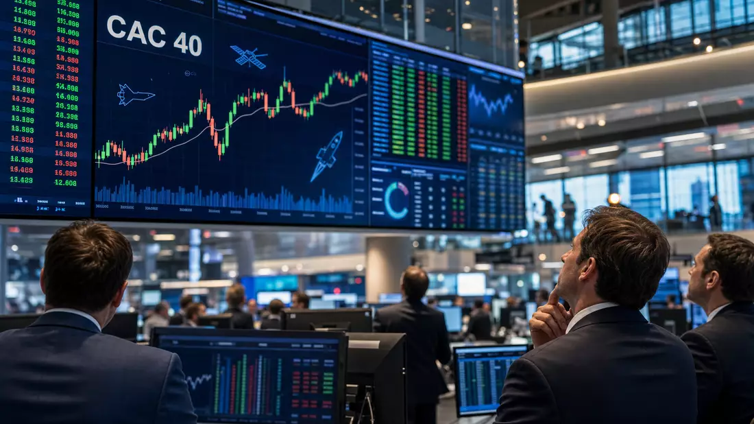 Trading-Floor mit großen Bildschirmen, CAC-40-Kurscharts und Luftfahrt-Icons
