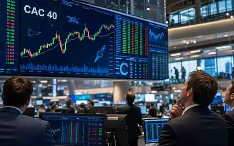 Dassault Aviation SA (FR0000121725): Börsen-Editorial zeigt belebten Trading-Floor mit CAC-40-Kurscharts und kleinen Luftfahrt-Symbolen - Foto: THN