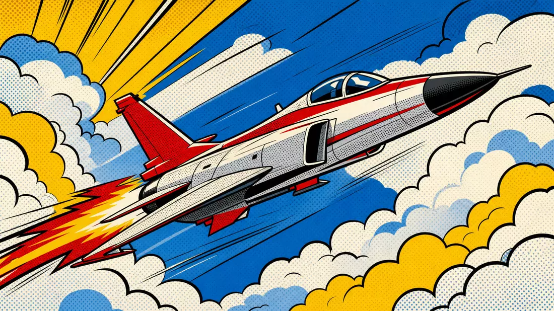 Pop-Art-Comic-Illustration eines stilisierten Jets in dynamischer Flugszene
