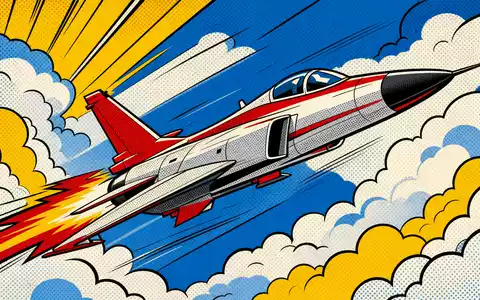 Dassault Aviation SA (FR0000121725): Pop-Art-Comic illustriert stilisierten Jet in dynamischer Flugszene mit Farbeffekten - Foto: THN