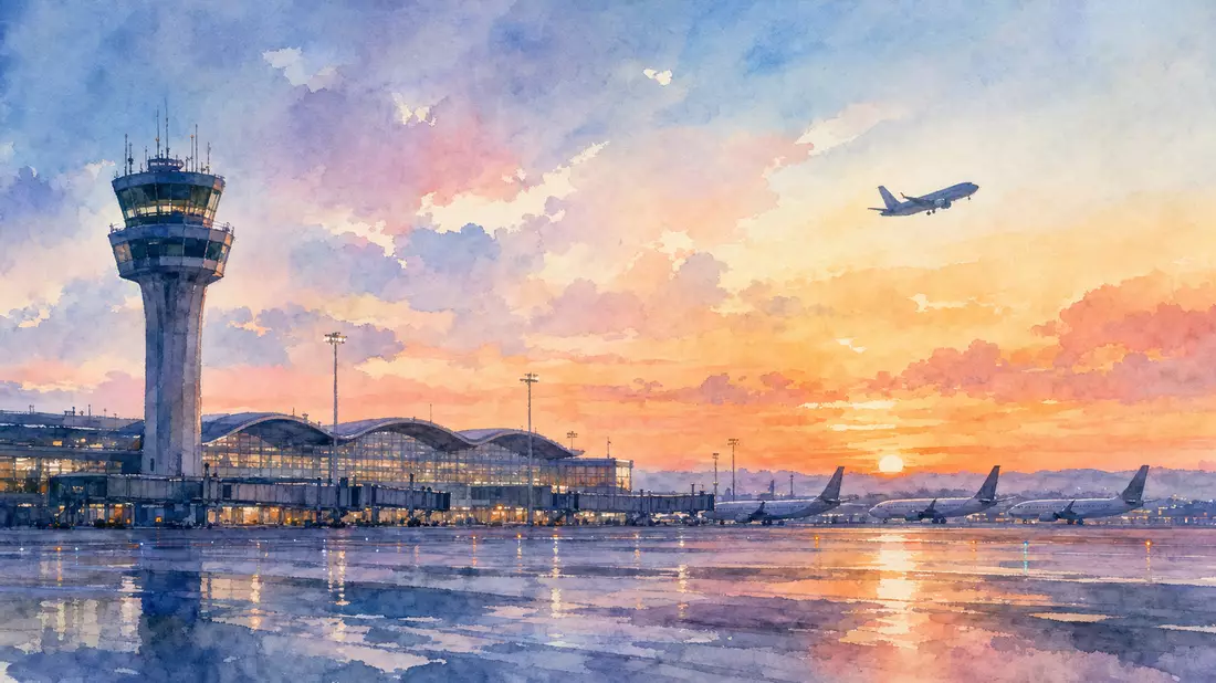Aquarellbild einer Flughafen-Skyline mit Kontrollturm und Terminals in Pastelltönen