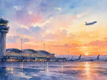 Aquarellmalerei einer europäischen Flughafen-Skyline mit Kontrolltürmen zeigt Air France-KLM SA FR0000031122 Vision - Foto: THN