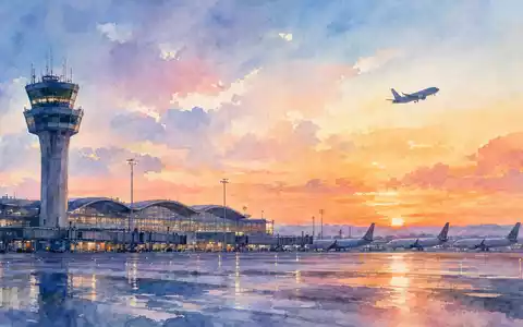 Aquarellmalerei einer europäischen Flughafen-Skyline mit Kontrolltürmen zeigt Air France-KLM SA FR0000031122 Vision - Foto: THN