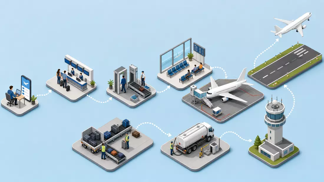 Isometrische 3D-Grafik einer Flughafen-Prozesskette von Check-in bis Start