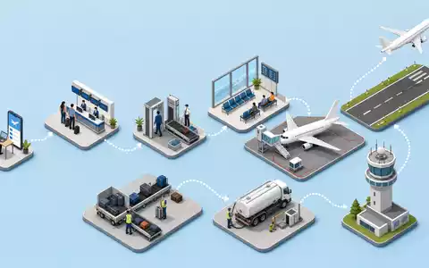 Isometrische 3D-Darstellung einer kompletten Flugverkehrs-Wertschöpfungskette zeigt Air France-KLM SA FR0000031122 detaillierte Betriebsprozesse - Foto: THN