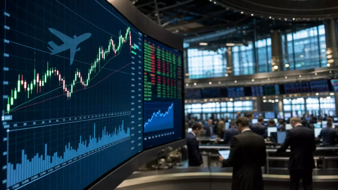 Editorialfoto eines Trading-Floors mit Kursdiagrammen und Flugzeugsilhouette