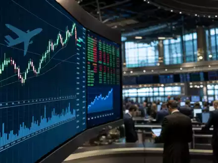 Börsen-Editorial-Szene am belebten Trading-Floor mit Luftfahrt-Charts zeigt Air France-KLM SA FR0000031122 Kursentwicklung - Foto: THN