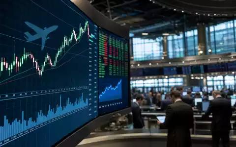 Börsen-Editorial-Szene am belebten Trading-Floor mit Luftfahrt-Charts zeigt Air France-KLM SA FR0000031122 Kursentwicklung - Foto: THN