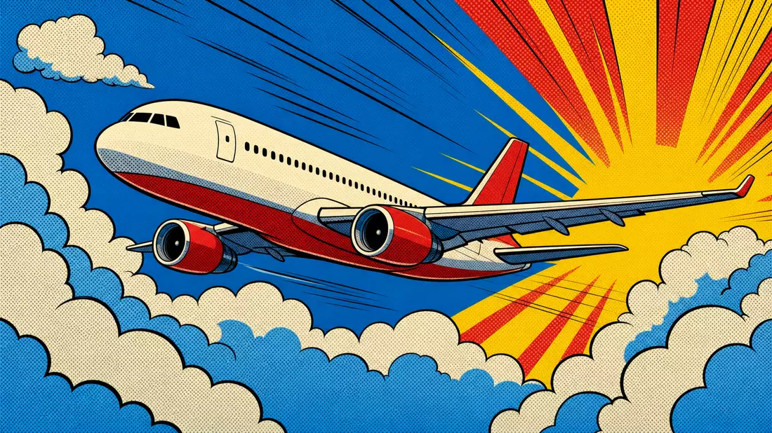 Bunte Pop-Art-Comic-Illustration eines Flugzeugs über stilisierten Wolken