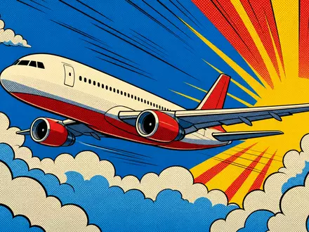 Pop-Art-Comic-Szene mit stilisiertem Flugzeug und Wolken zeigt Air France-KLM SA FR0000031122 Fluggesellschaft - Foto: THN