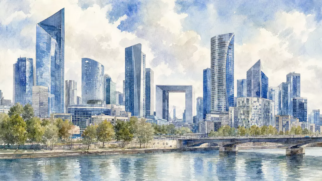 Aquarellmalerei der Pariser La-Défense-Skyline mit Fluss und Brücke im Vordergrund