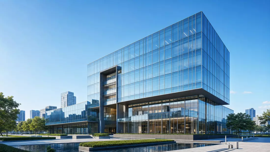 Architektonisches 3D-Render eines modernen verglasten Bürogebäudes mit Wasserbecken