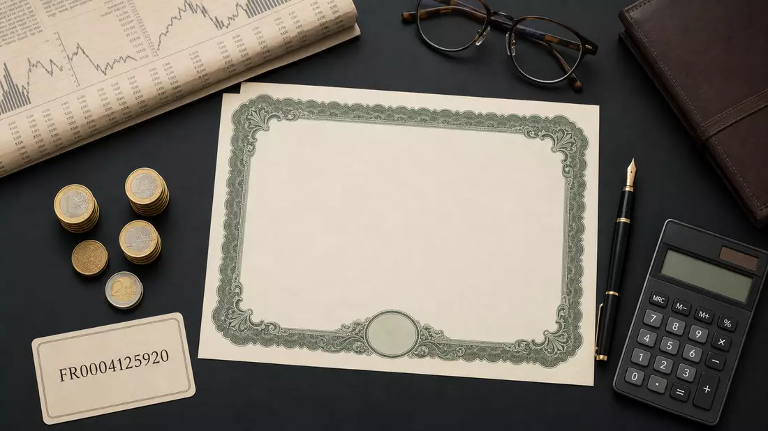 Flatlay mit Aktienzertifikat, ISIN-Karte, Füllfederhalter, Münzen und Finanzzeitung