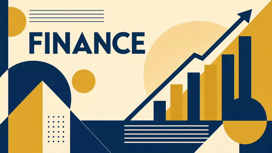 Geometrisches Bauhaus-Poster in Marineblau und Gold mit Wachstumsdiagramm und Schriftzug FINANCE