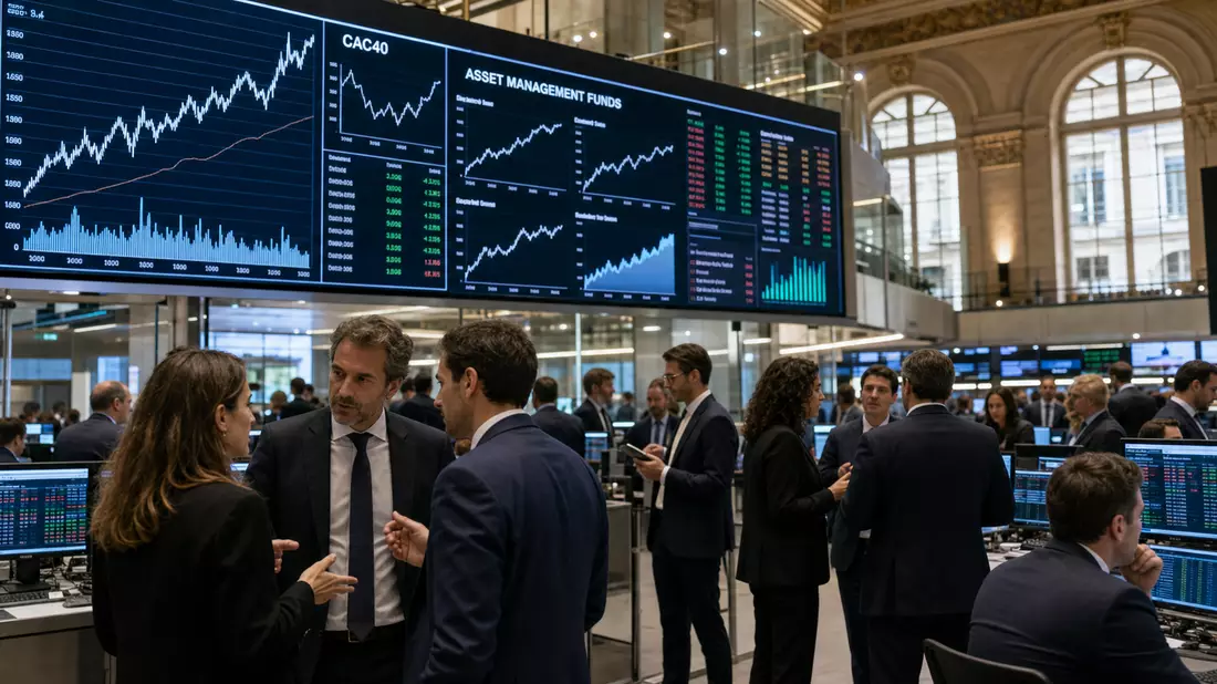 Editorial-Aufnahme einer Börsenhalle mit CAC40-Chart und diskutierenden Händlern