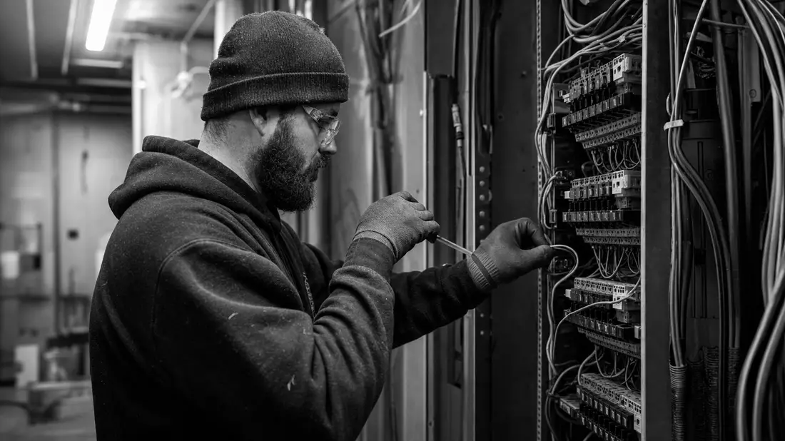 Schwarzweiß-Reportagefoto eines Elektrikers an einem Schaltschrank