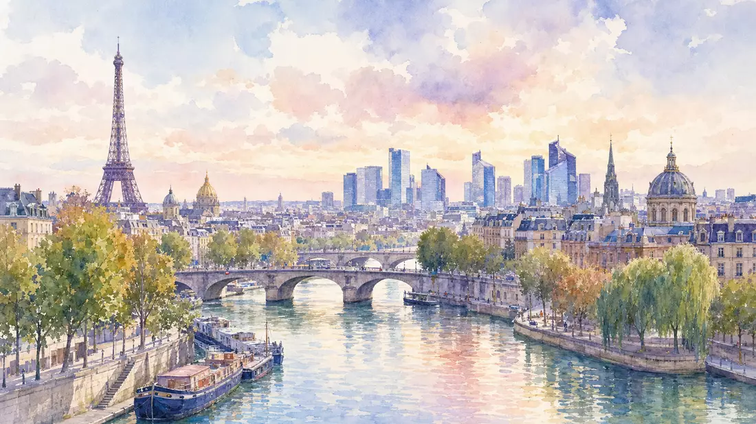 Aquarellmalerei der Pariser Skyline mit Seine und Wolkenkratzern