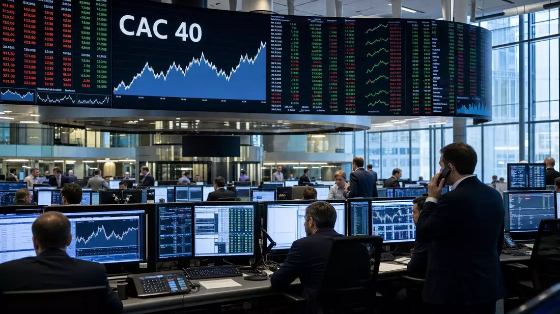 Trading-Floor mit CAC-40-Kursanzeige und Händlern an Bildschirmen
