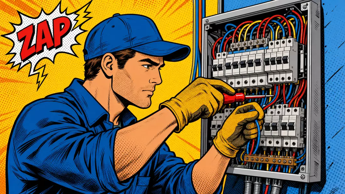 Pop-Art-Comic-Illustration eines Elektrikers an einem Schaltschrank mit ZAP-Effekt