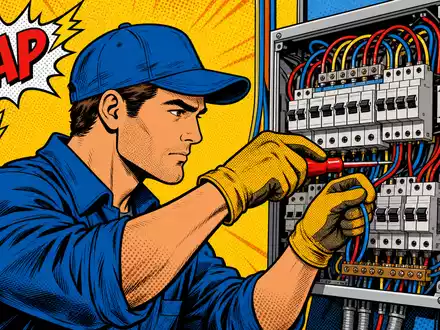 Farbenfrohe Pop-Art-Comic-Szene eines Elektrikers spiegelt humorvoll das Kerngeschäft von Rexel S.A. (FR0010451203) wider - Foto: THN