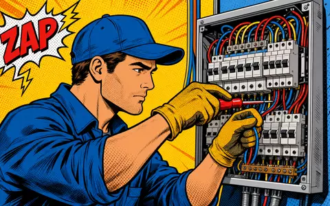 Farbenfrohe Pop-Art-Comic-Szene eines Elektrikers spiegelt humorvoll das Kerngeschäft von Rexel S.A. (FR0010451203) wider - Foto: THN