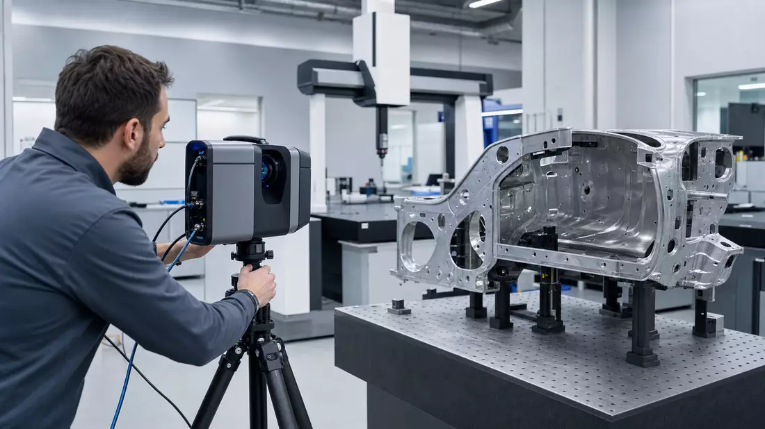 Ingenieur scannt Bauteil mit 3D-Laserscanner in moderner Messtechnik-Halle