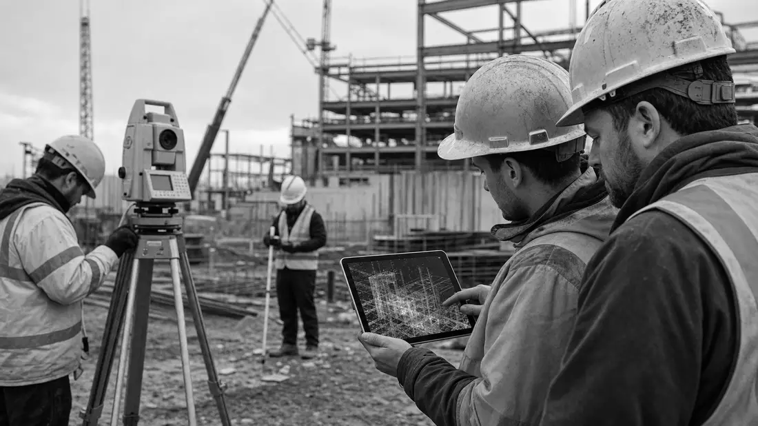 Schwarzweiß-Reportage: Vermessungsteam nutzt Totalstation und Tablet auf Baustelle