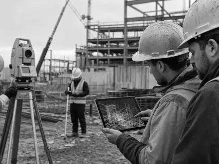 Hexagon AB (SE0015961909) liefert Vermessungstechnik für Bauprojekte, dokumentiert hier klassisch in Schwarzweiß-Reportagefotografie direkt auf Baustelle - Foto: THN