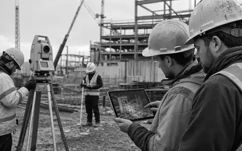 Hexagon AB (SE0015961909) liefert Vermessungstechnik für Bauprojekte, dokumentiert hier klassisch in Schwarzweiß-Reportagefotografie direkt auf Baustelle - Foto: THN
