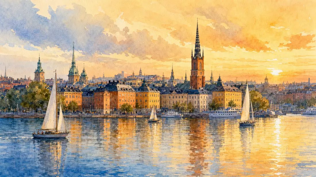 Aquarell der Stockholmer Altstadt-Skyline mit Segelbooten im Abendlicht