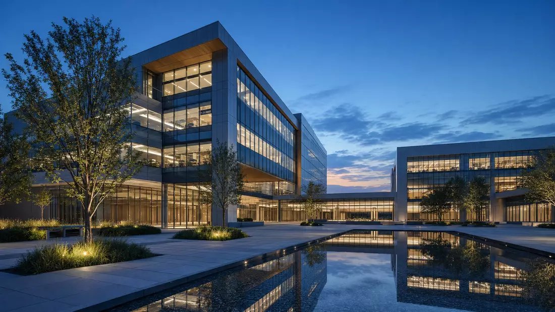 Architektur-Render eines modernen Glas-Technologiecampus mit Teich bei Dämmerung