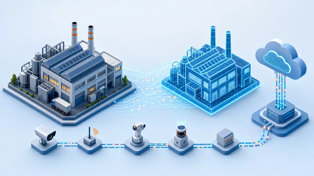 Isometrische 3D-Grafik zeigt Fabrik, digitalen Zwilling und Cloud-Verbindung