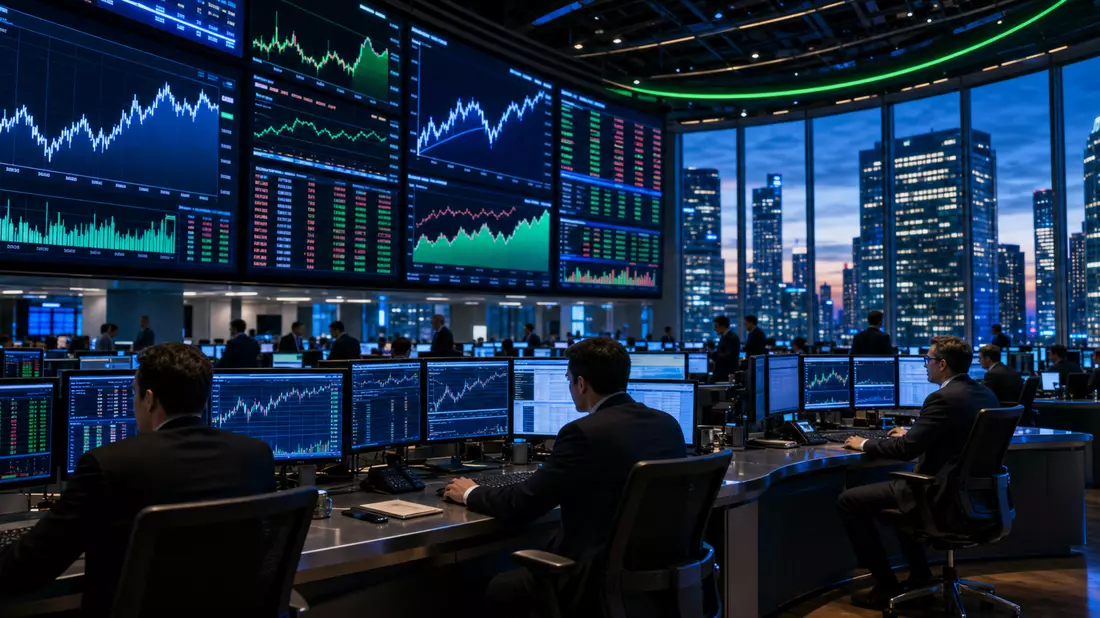 Trading-Floor bei Nacht mit Bildschirmen und abstrakten Technologie-Aktiencharts