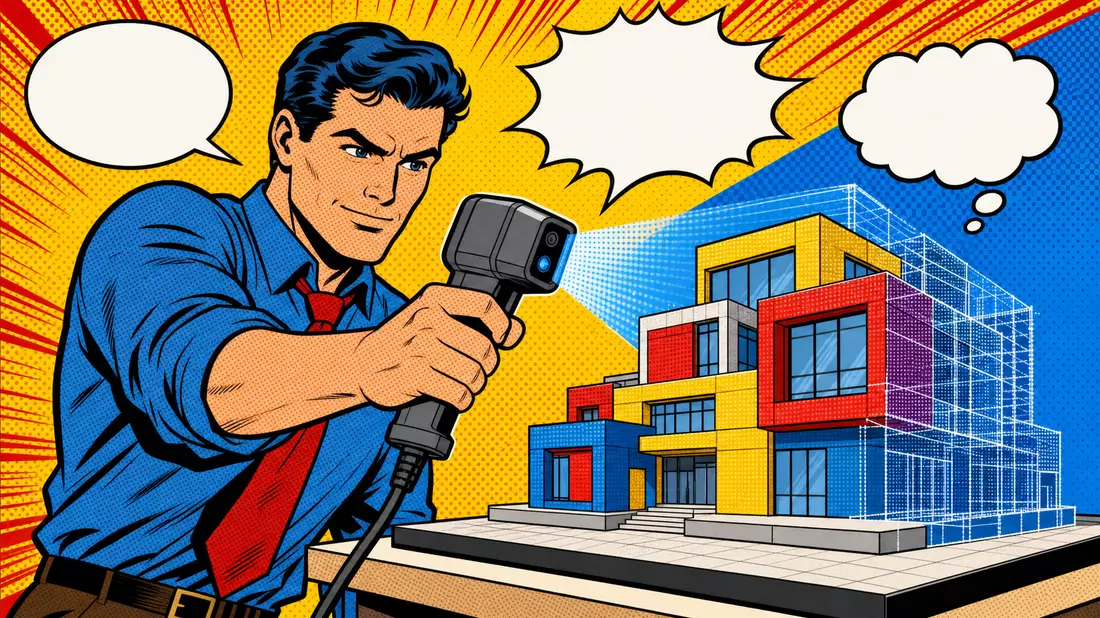 Pop-Art-Comic zeigt Ingenieur mit 3D-Scanner vor buntem Gebäudemodell