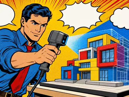Hexagon AB (SE0015961909) inspiriert diese verspielte Pop-Art-Comic-Szene eines Ingenieurs beim 3D-Scannen eines Gebäudemodells - Foto: THN
