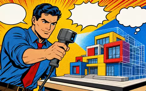 Hexagon AB (SE0015961909) inspiriert diese verspielte Pop-Art-Comic-Szene eines Ingenieurs beim 3D-Scannen eines Gebäudemodells - Foto: THN
